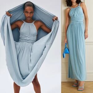 Jonathan Simkhai Lillee Plisse Horizon Sky Blue Open Back Maxi Dress Gown XS NWT